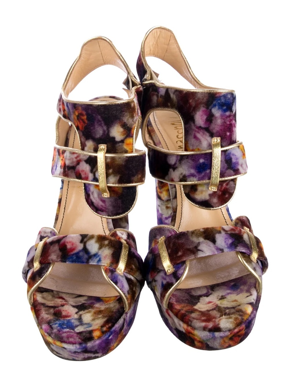 Jerome C. Rousseau Multicolor Floral Velvet Platform Sandals with Gold Accents